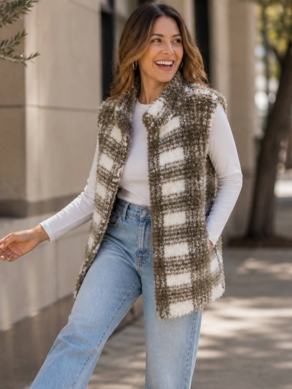 Dylan Anthropologie vest Sherpa plaid